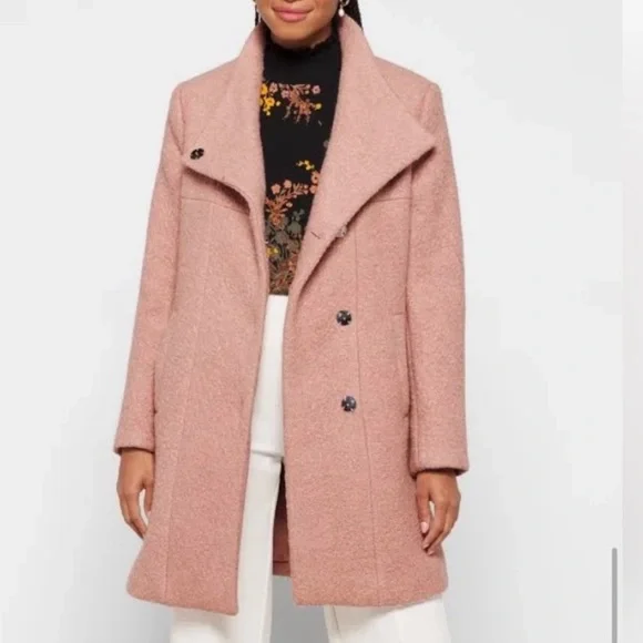 EUC Kenneth Cole Blush Pink Bouclé Wool Asymmetrical Stand Collar Winter Coat - Picture 2 of 7